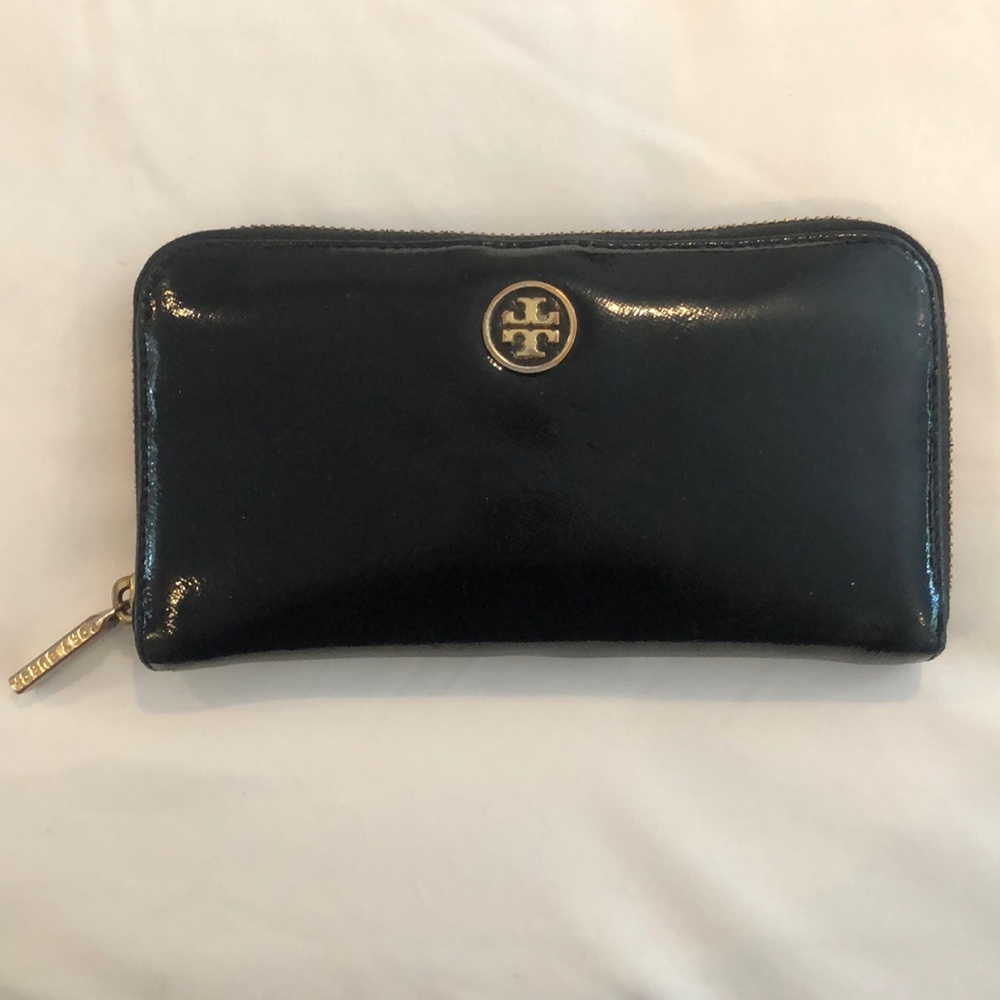 Tory Burch black leather wallet with gold accents